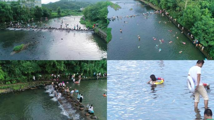 夏日人群河边玩水航拍+空境