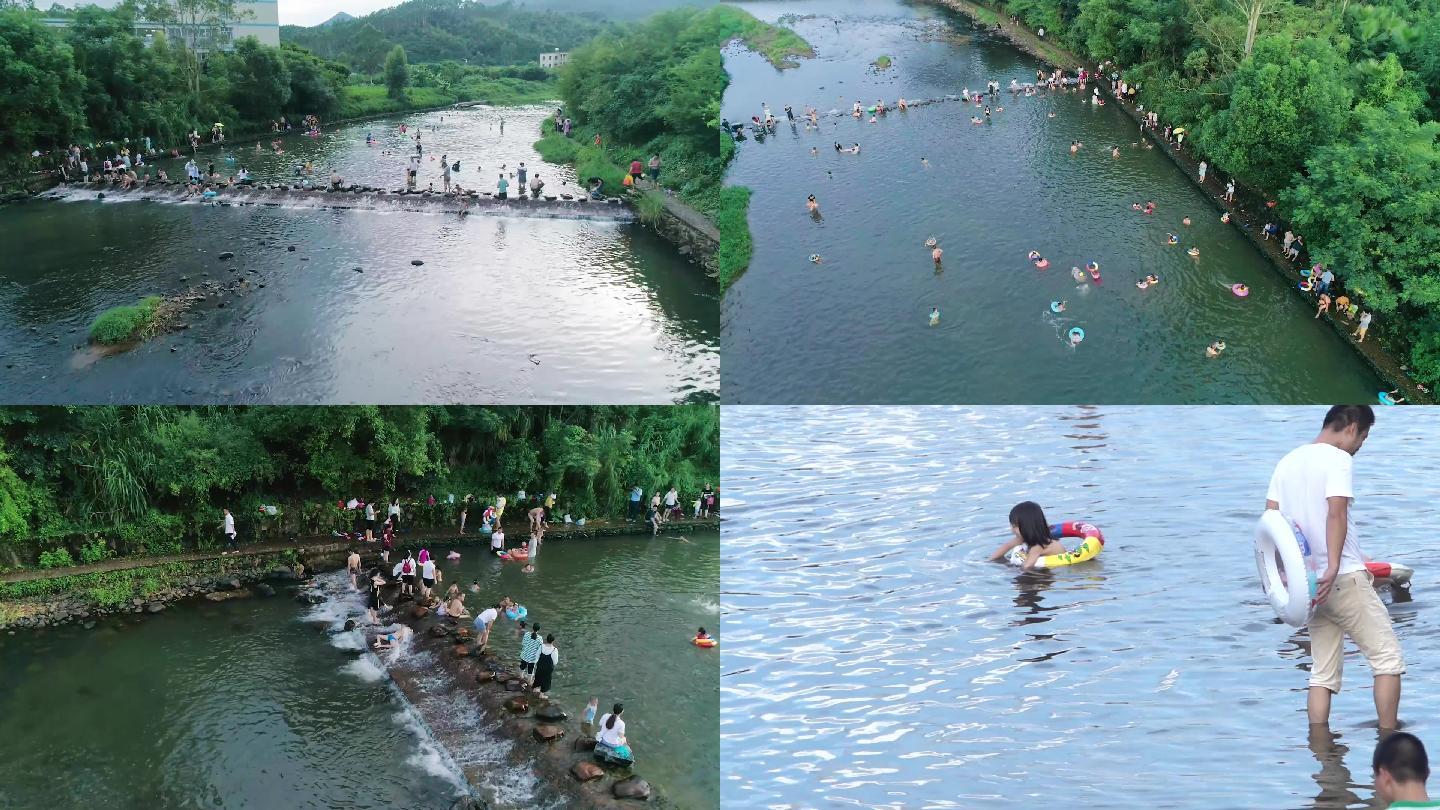 夏日人群河边玩水航拍+空境