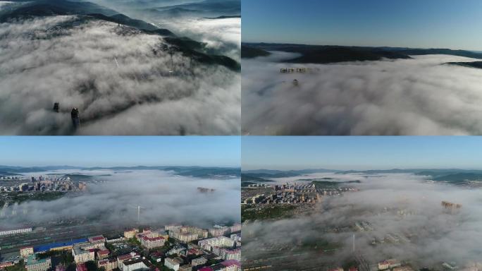 航拍云雾飘渺的山城