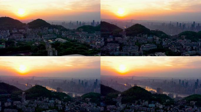重庆南山航拍鸟瞰日落全景素材