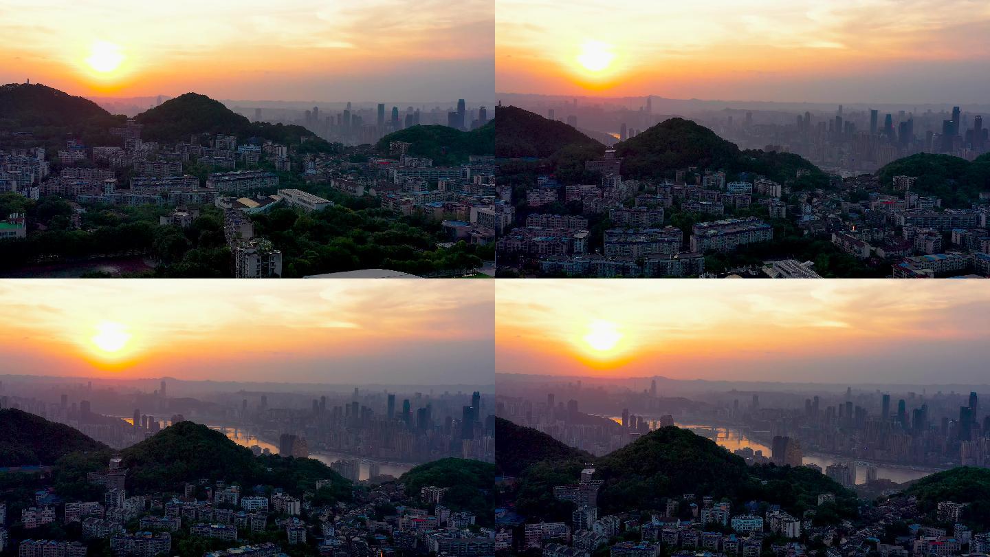 重庆南山航拍鸟瞰日落全景素材