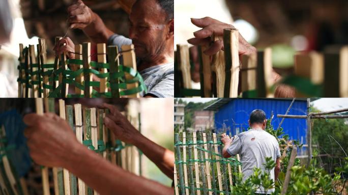 农村老人干活制作竹子栅栏4k视频素材