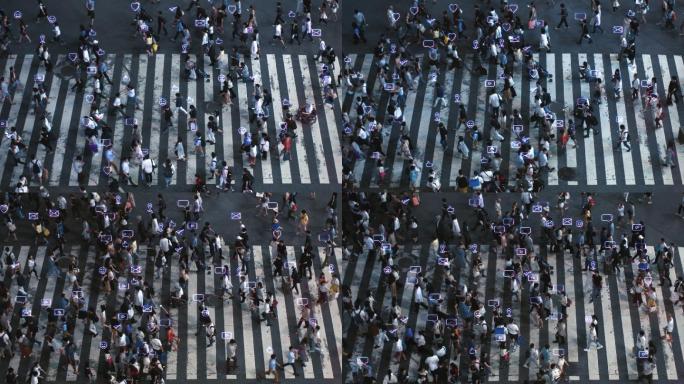大城市拥挤人行横道的高角度拍摄