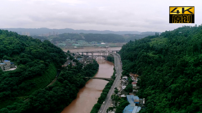 河水、大河、划船、桥、渡河、航拍