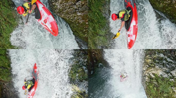 乘坐红色皮艇在瀑布上滑行的男性骑手