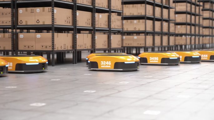 在自动化仓库中，一排自动机器人开始移动货架