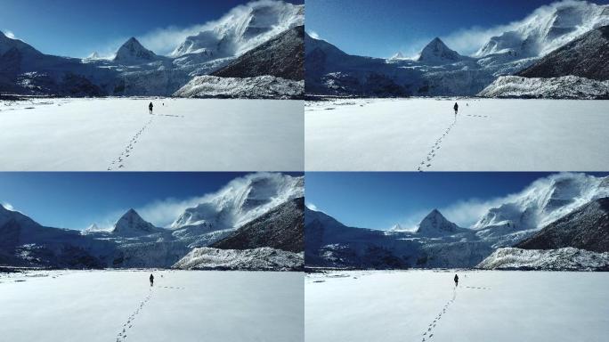 西藏高原雪地徒步4K航拍