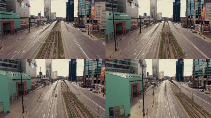 只有一辆车穿过市中心的无人机镜头