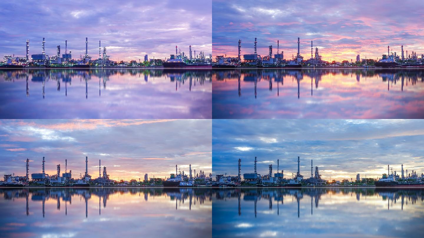 日出时分的炼油厂延时摄影