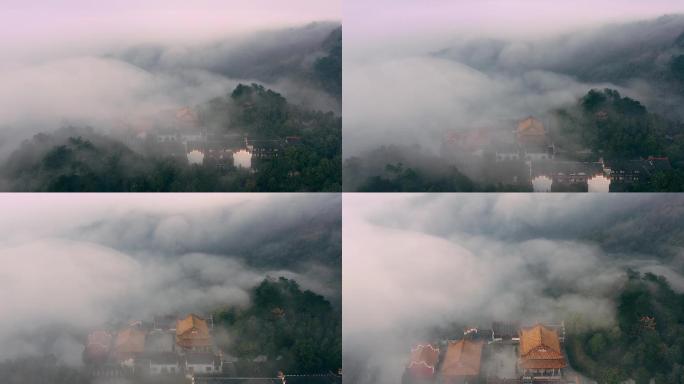 航拍湖南衡阳雨母山赤松观云雾