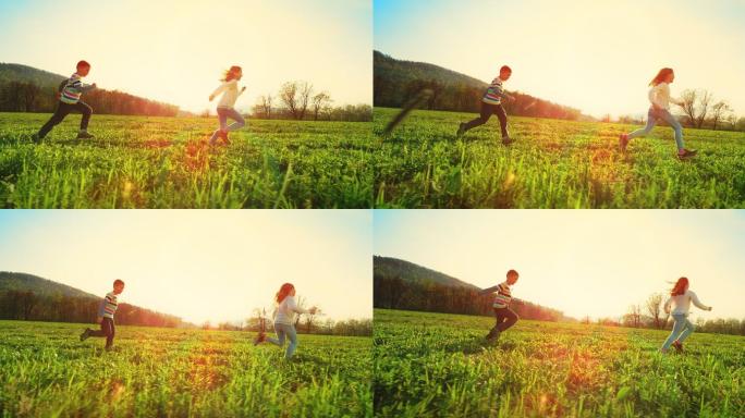 在阳光明媚的草地上，男孩和女孩在奔跑