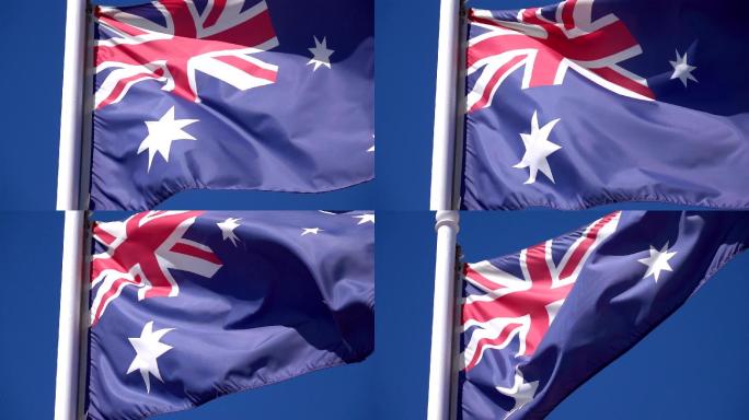澳大利亚国旗飘扬升国旗飘