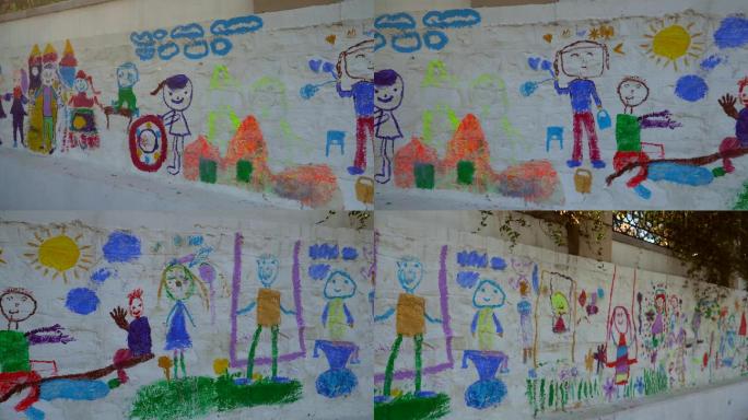 街头墙上的儿童画涂鸦