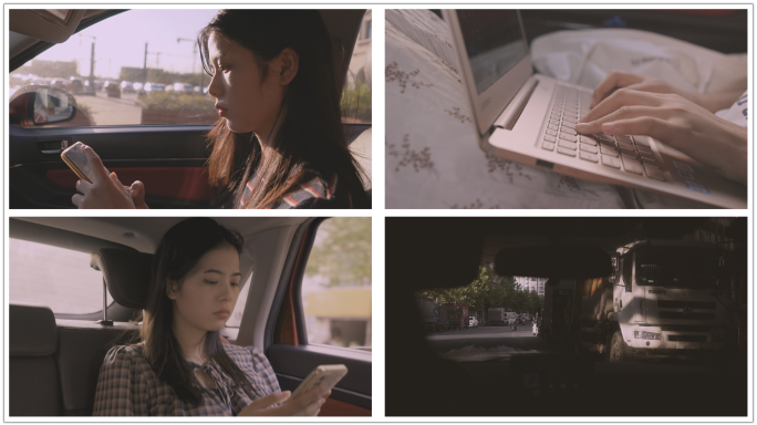 美女坐在车上玩手机