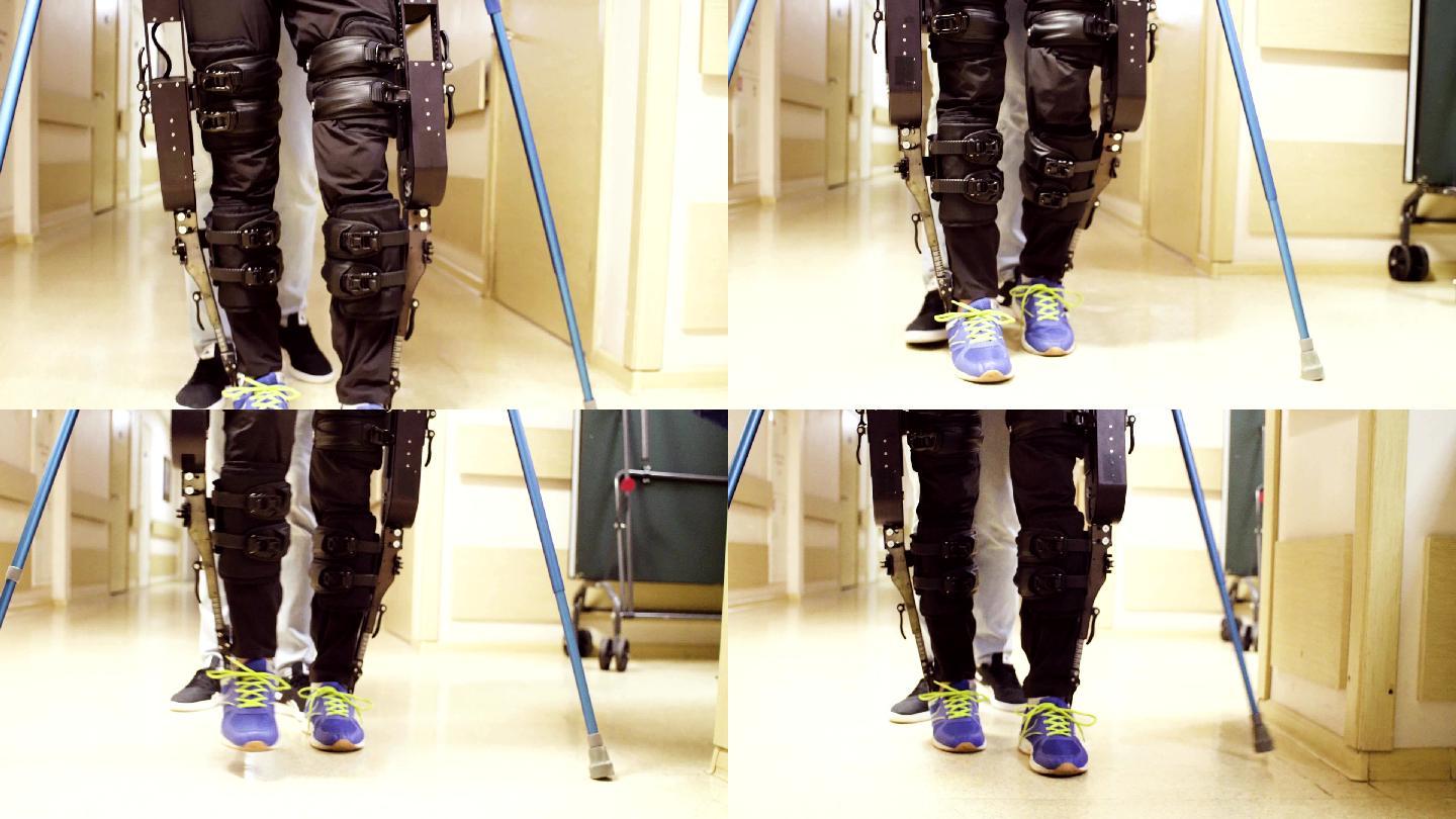 医生帮助用两根手杖支撑的矫形器行走的患者