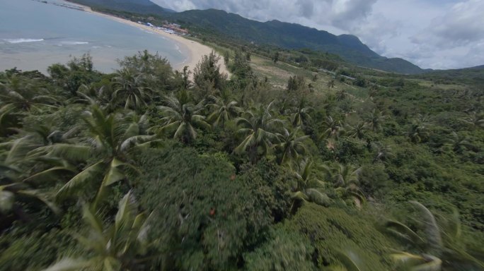 大海沙滩热带雨林景观穿越无人飞机航拍冲浪