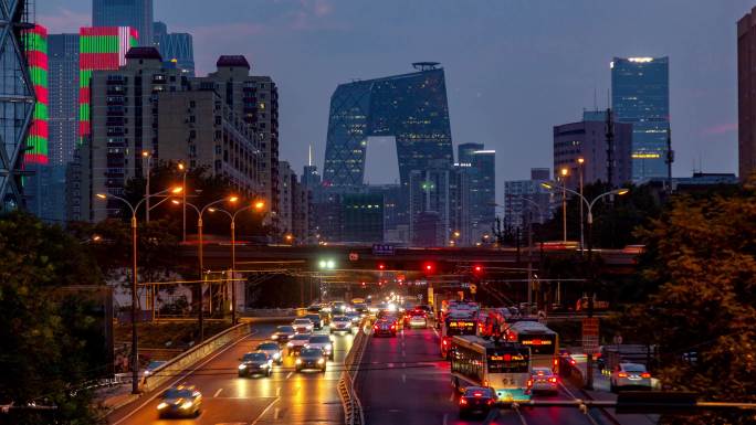 北京国贸央视大楼大裤衩车流日转夜延时