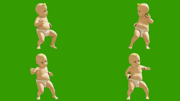 一个小婴儿在绿色屏幕的背景上欢快地跳舞。