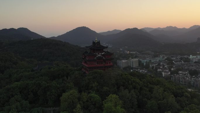 杭州城隍阁航拍素材夕阳西湖群山