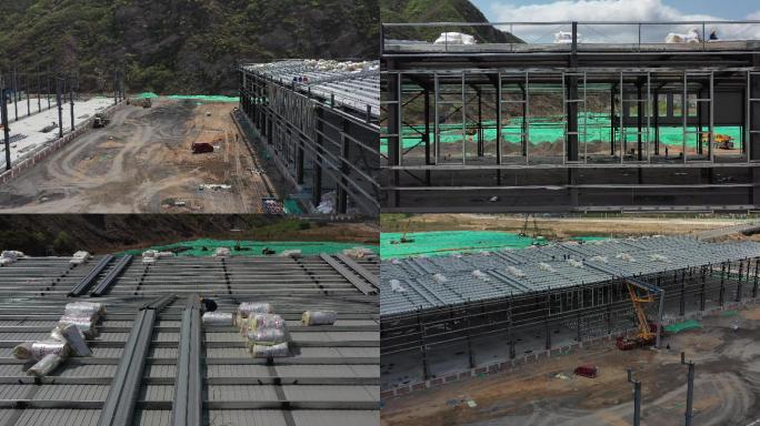 4K大型钢结构厂房网架搭建施工房顶作业