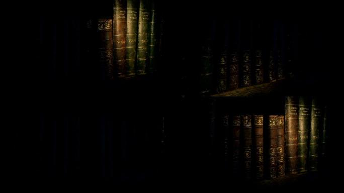 手电筒照亮了书架上的旧书