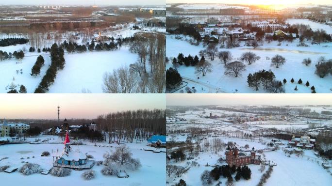 航拍 东北哈尔滨伏尔加庄园的雪景