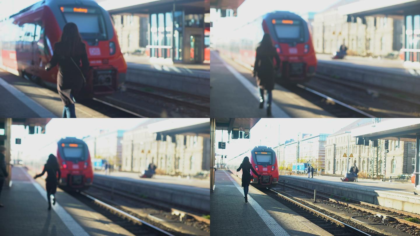 女士坐火车迟到，在站台奔跑
