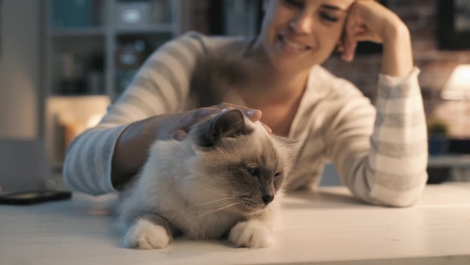 微笑的女人在家里爱抚她的猫