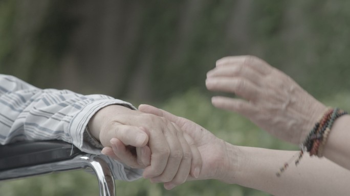 实拍公园谈心老人手握手
