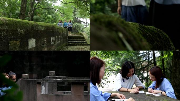 民国青年女学生走路看书空镜头