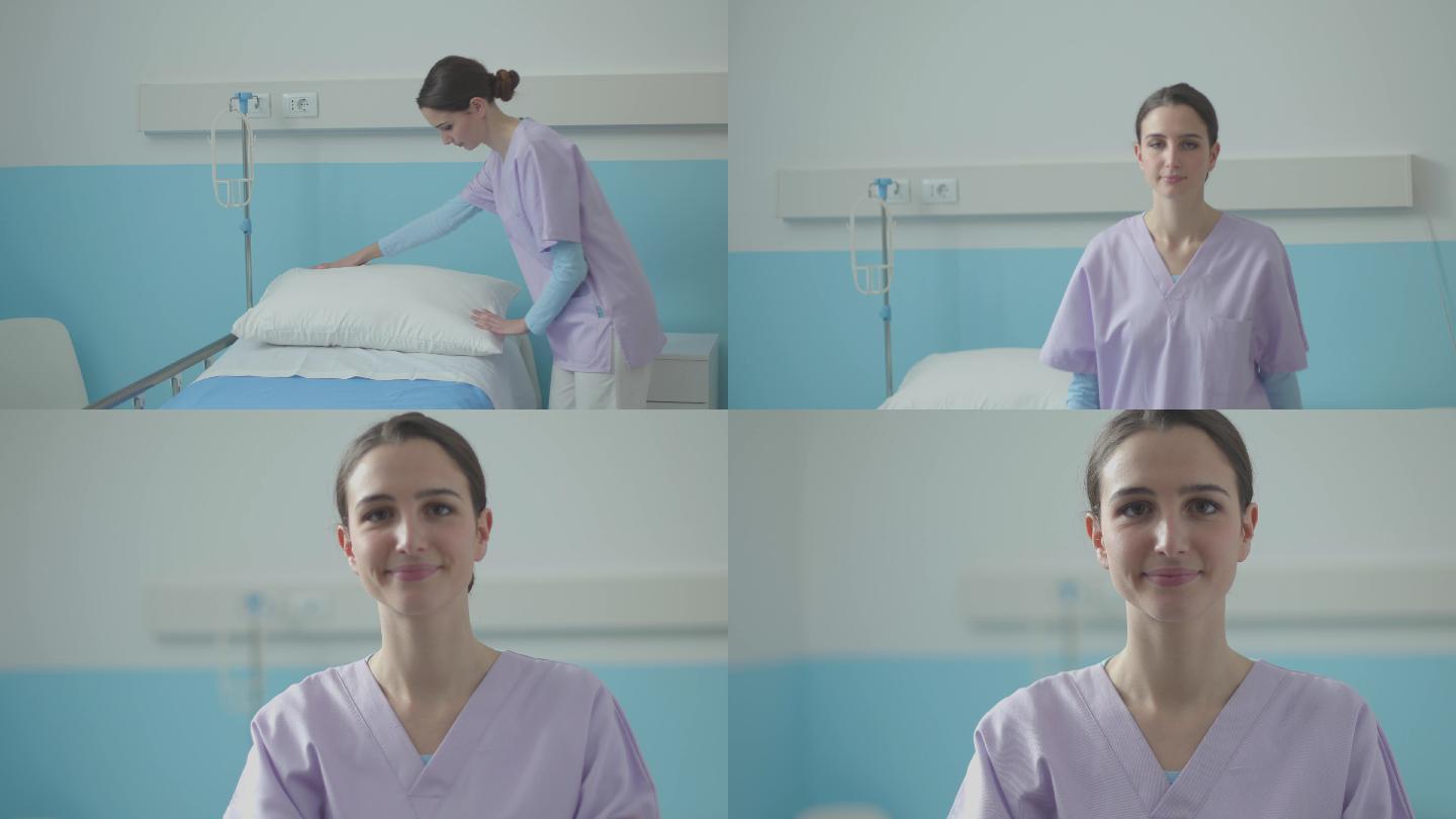 专业的年轻护士微笑着在医院摆姿势
