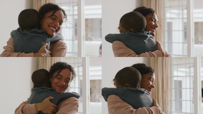 一个可爱的小男孩在家拥抱母亲