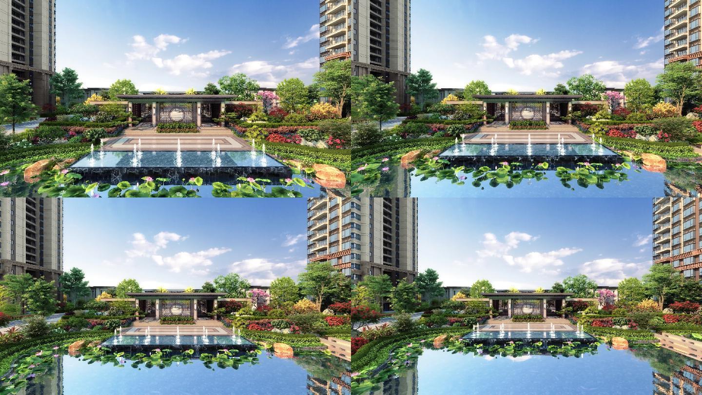 新中式湖景地产水景景观喷泉休闲亭特写