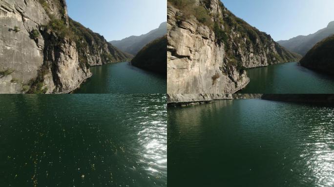 航拍焦作青天河山峰侧面和河水