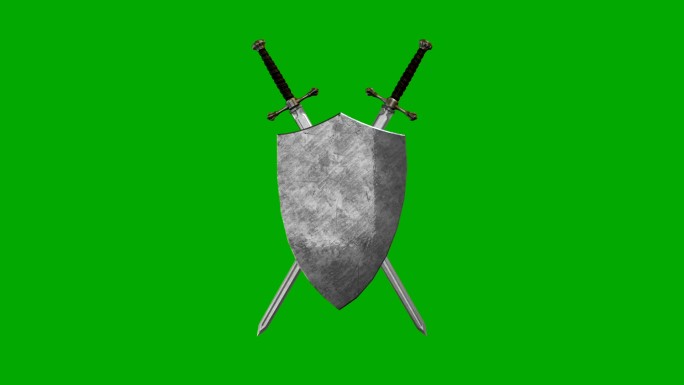 在绿色屏幕背景上形成符号的剑和盾