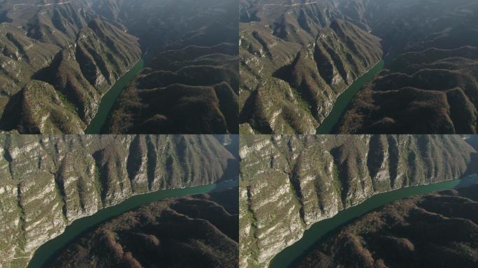 航拍焦作青天河河水和两侧山峦