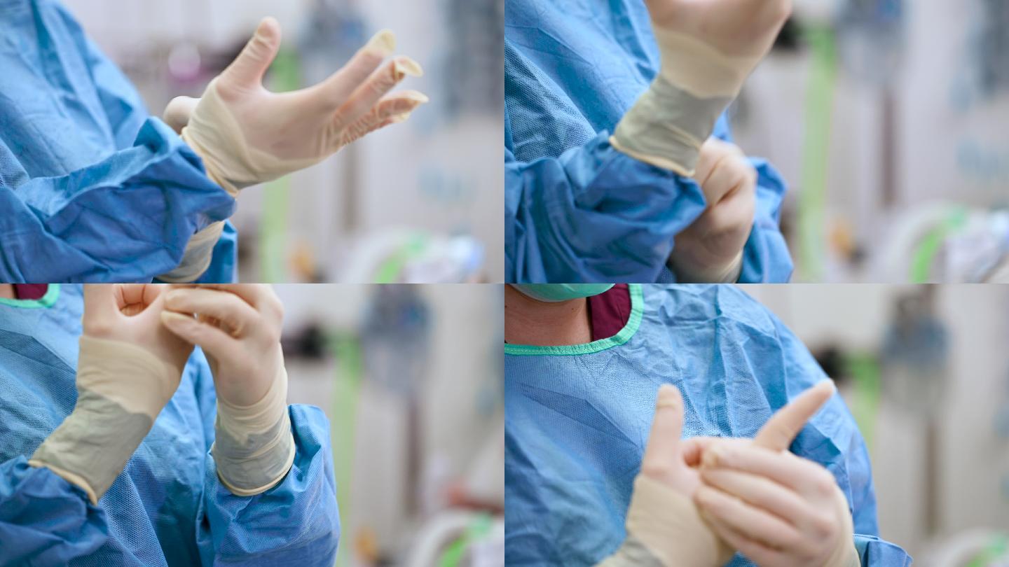 外科医生在手术前戴上手套