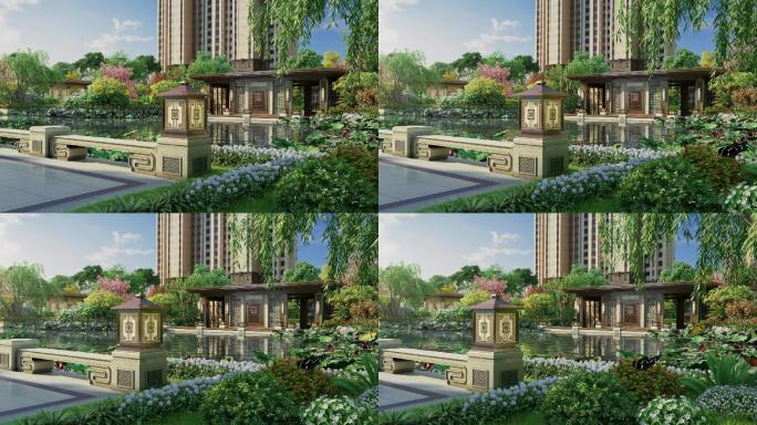 新中式地产园林景观亭特写三维动画