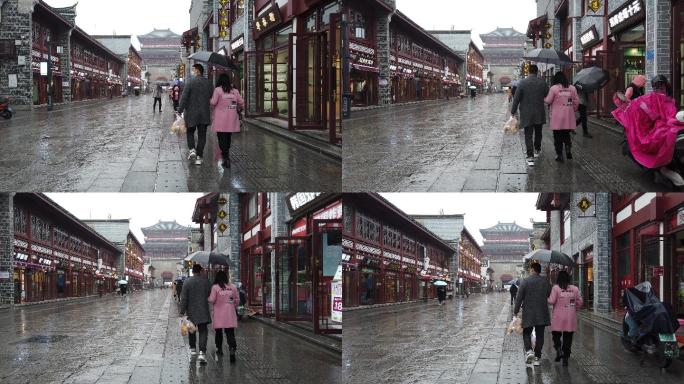 雨中行走在襄阳古城仿古街北街步行街