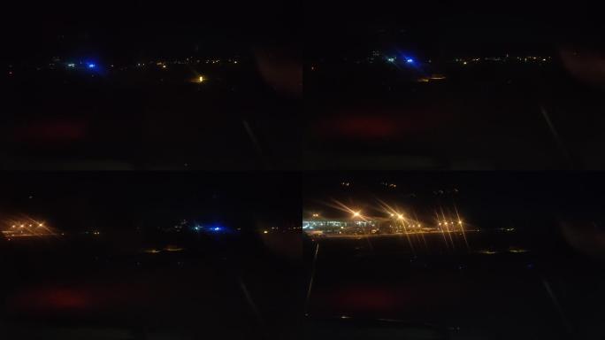 晚间飞机起飞窗外跑道拍摄-带空姐播音