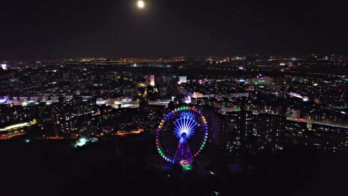 沈阳万泉公园夜景摩天轮航拍