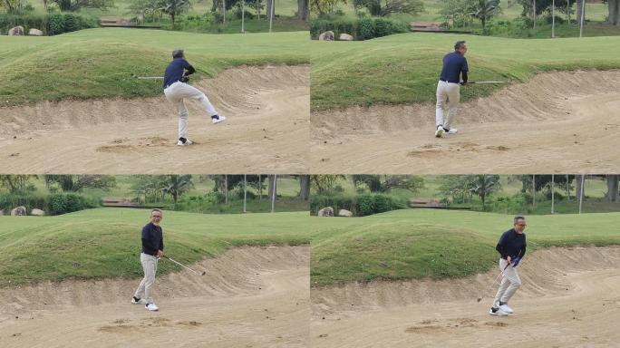 男子高尔夫球手在沙坑中用铁棒击球失败