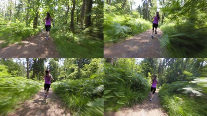 一个女人在森林里跑步