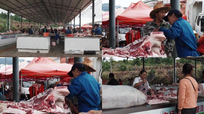 农村农贸市场卖猪肉的摊贩