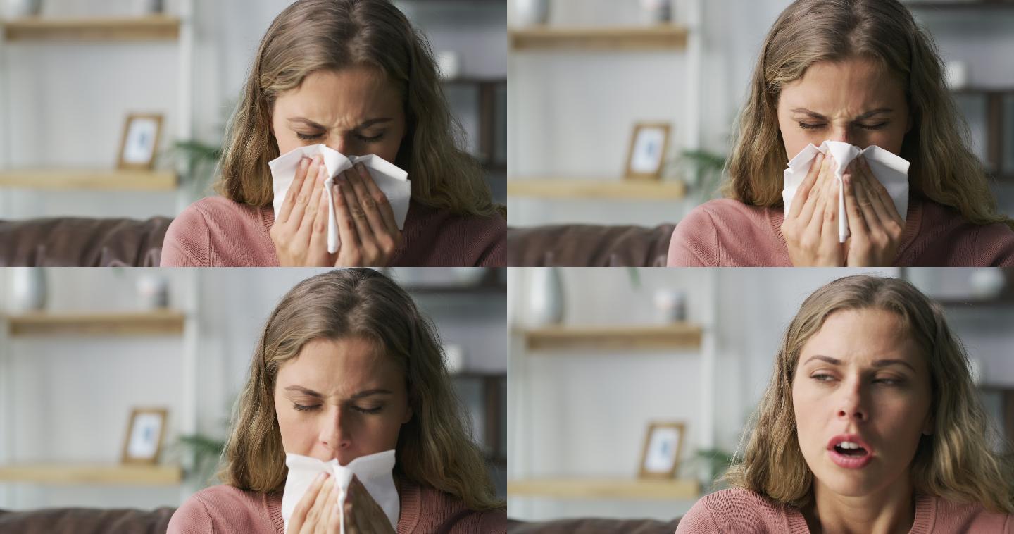 女人用纸巾擤鼻涕4K疫情医院防护服众志成