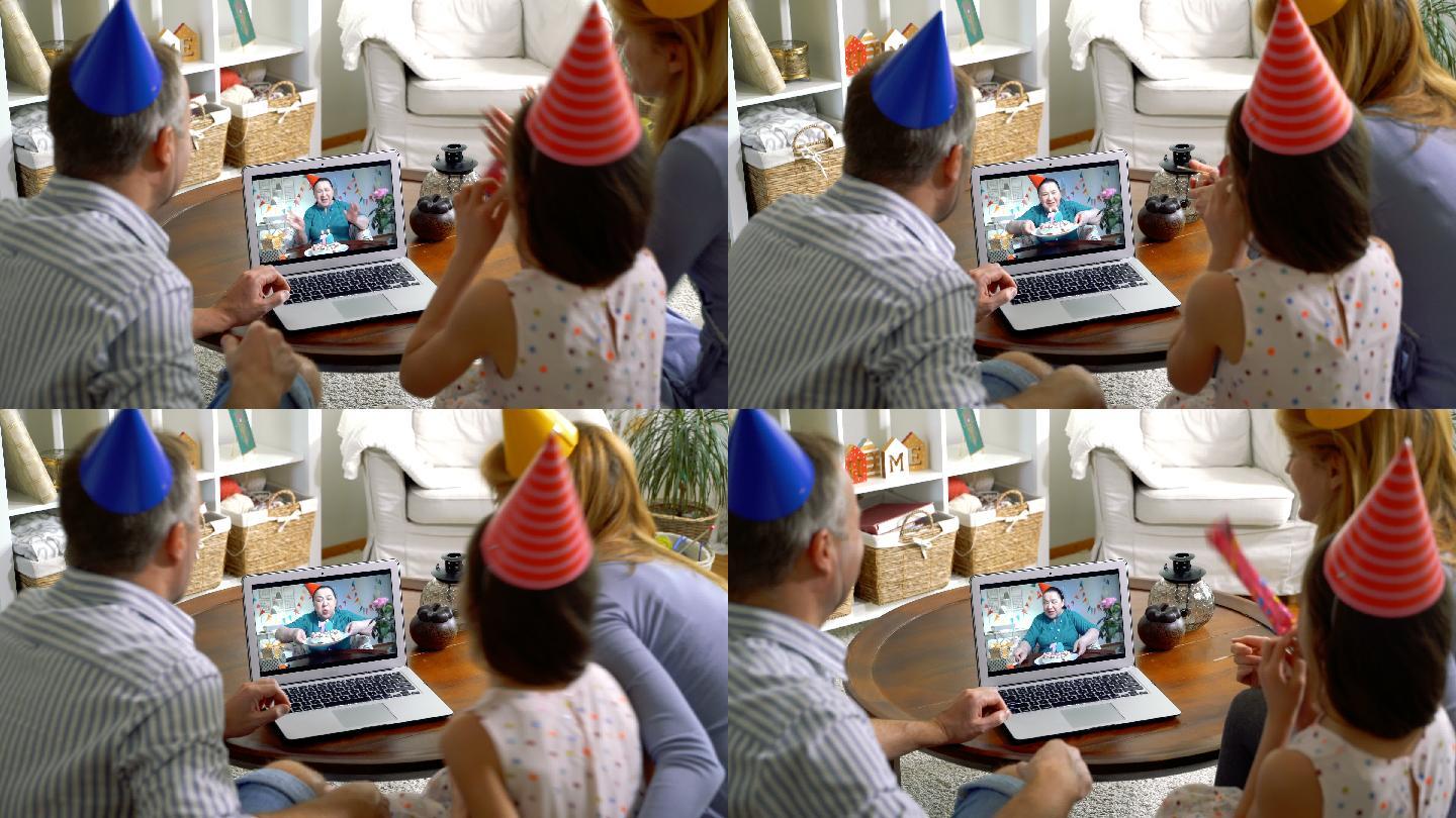 家庭通过视频电话祝贺祖母的生日