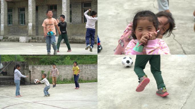 4K 农村留守儿童在学校操场上踢球