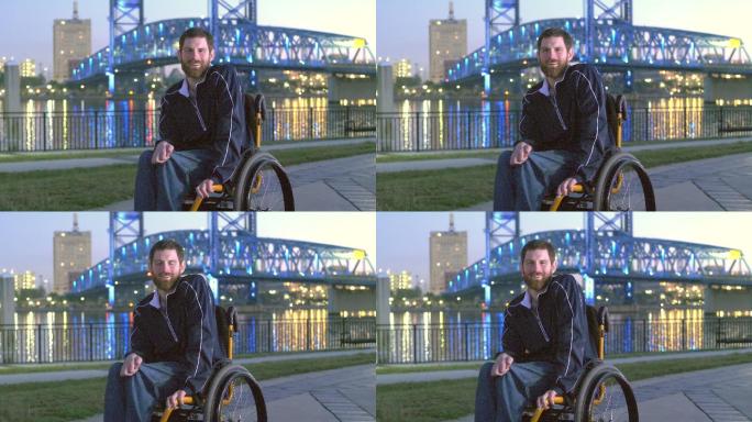 城市滨水区轮椅上的脑瘫患者