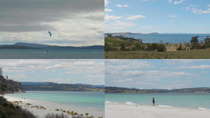 海边海洋滑翔伞海鸥散步游客孤独忧郁美景