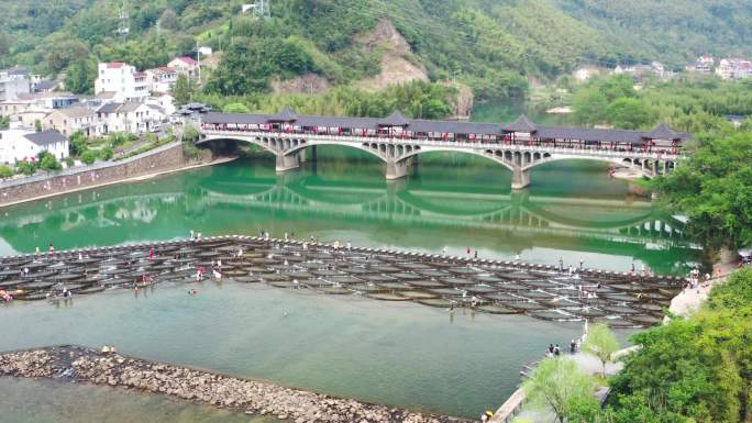 航拍杭州富阳龙鳞坝